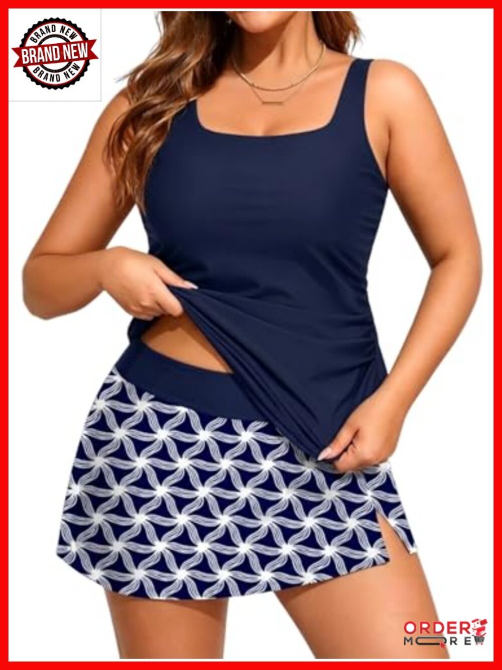 Plus Size Tankini with Skirt, 2 Piece Swimsuit with Pockets, Tummy Control, UPF